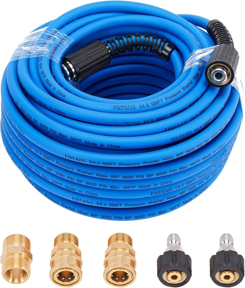 FIXFANS Pressure Washer Hose – 1/4" X 100 FT High Power Washer Extension Hose – Kink & Wear Resistant High Pressure Hose for Replacement – Compatible with M22 Fittings – 3600PSI - Image 1